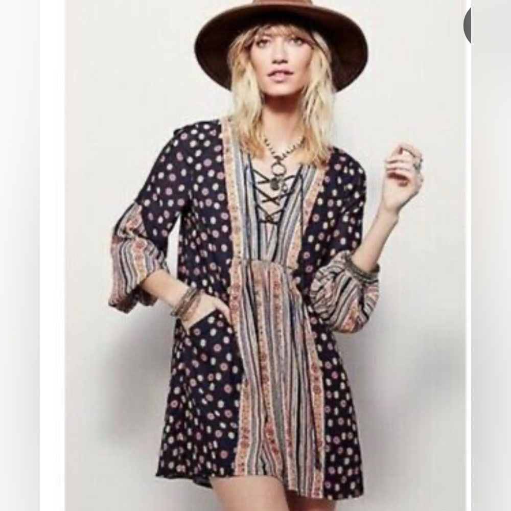 Free people rain or shine pattern boho baby doll dress XS